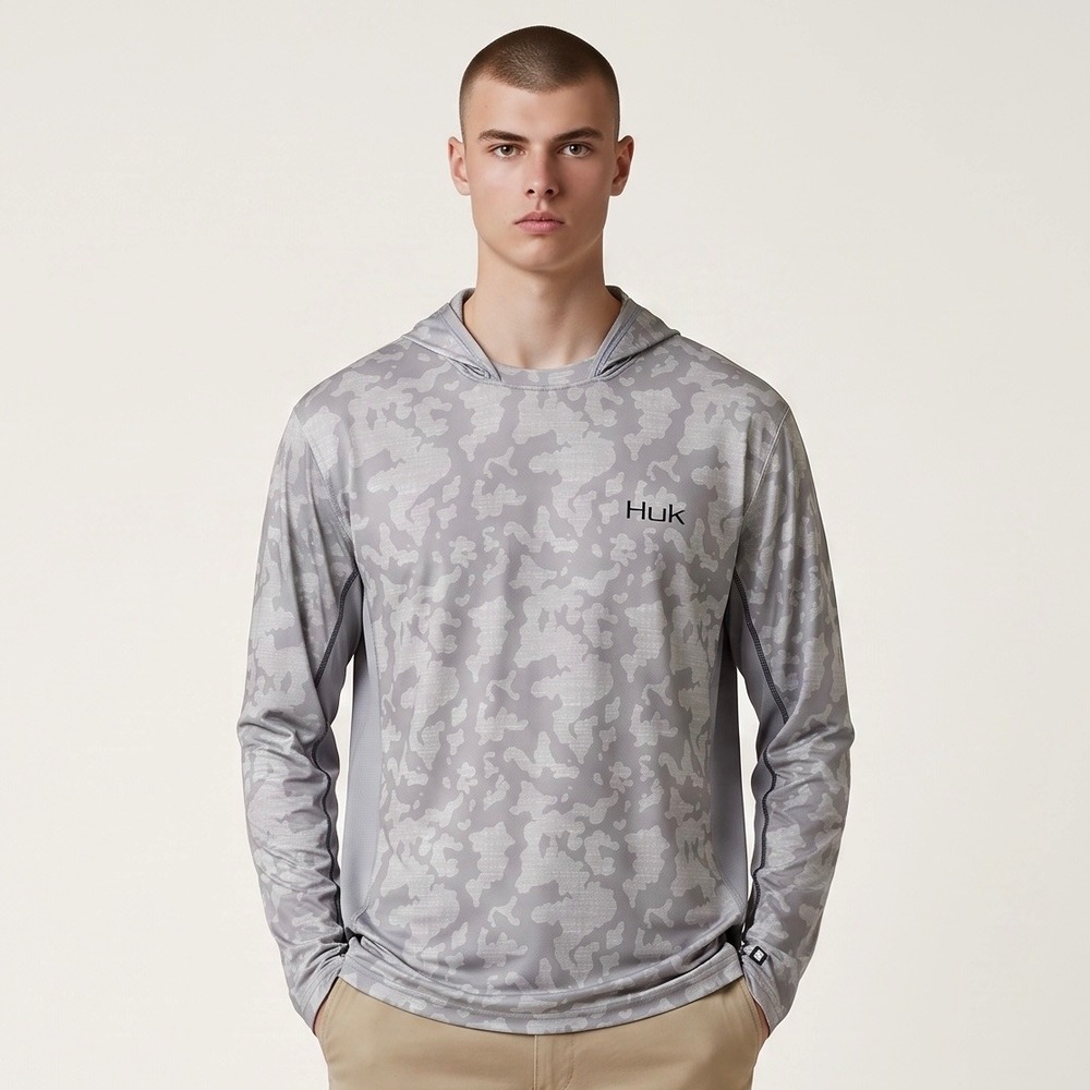 Huk Icon X Running Lakes Hoodie Mens Large Gray Camo Fishing Shirt H1200393